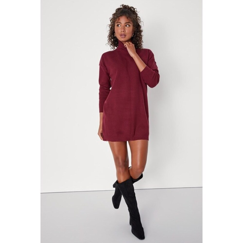 Lulus Toasty Perfection Burgundy Turtleneck Mini Sweater Dress Red - Size S